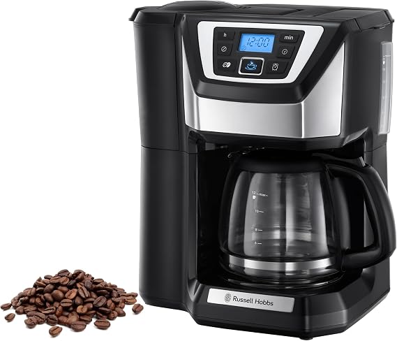 Russell Hobbs Victory Öğütücülü Kahve Makinesi (1,5 l cam sürahi, 12 fincan, dijital programlanabilir zamanlayıcı, öğütme ayarı, kahve çekirdekleri için kahve makinesi, filtre kahve makinesi 22000-56 | Duş başlığı çıkarma, programlanabilir zamanlayıcı ve damlama durdurucu, otomatik kapanma, renk siyah ve gümüş