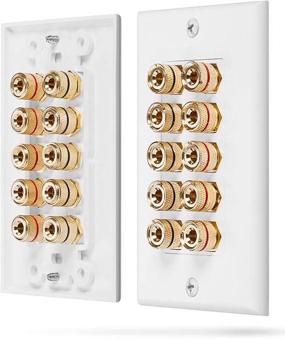 Fosmon [Five Speaker] Home Theater Wall Plate - Premium Quality Gold Plated Copper Banana Binding Post Coupler Type Audio Wall Plate for 5 Speakers (White)