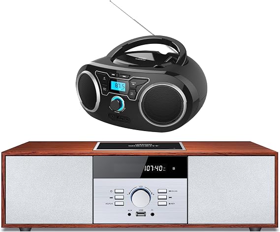Portable CD Player Boombox and Vintage Style Home CD Player Wood Speaker System