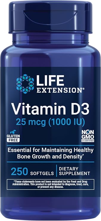 Life Extension Vitamin D3 25 mcg (1000 IU), Immune System Support, Bone Health, Whole-Body Health, Value Size, Gluten-Free, Non-GMO, 250 softgels | Bone Health, Cognitive Health & Immune System Support, Gluten-Free & Non-GMO, Once Daily for a Two-Month Supply