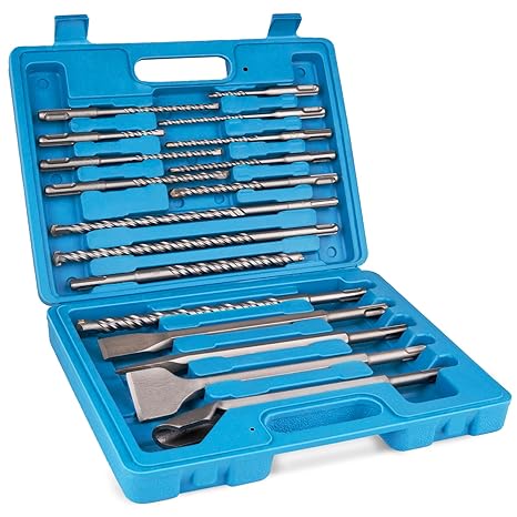 17pcs SDS Plus Concrete Masonry Drill Bits and Chisels Set with Storage Case, Carbide-Tipped Drill Bit Set for Concrete, Stone, Brick