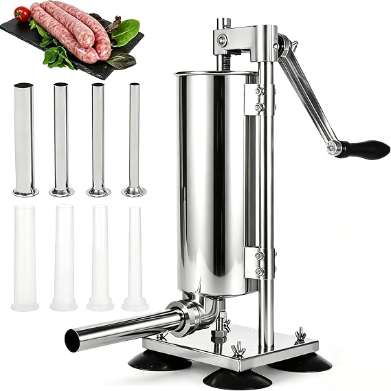 7LBS 3L Manual Sausage Stuffer Machine, Vertical 304 Stainless Steel Sausage Maker Press Machine, 8x Stuffing Tubes 15/16/19/22/25/28mm