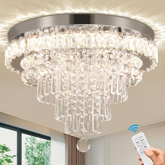 18 Inch Crystal Ceiling Light 5 Tier Flush Mount Dimmable | Dimmable LED Chandelier with Remote Control for Living Room Bedroom Dining Room and Hallway [Energy Class E]