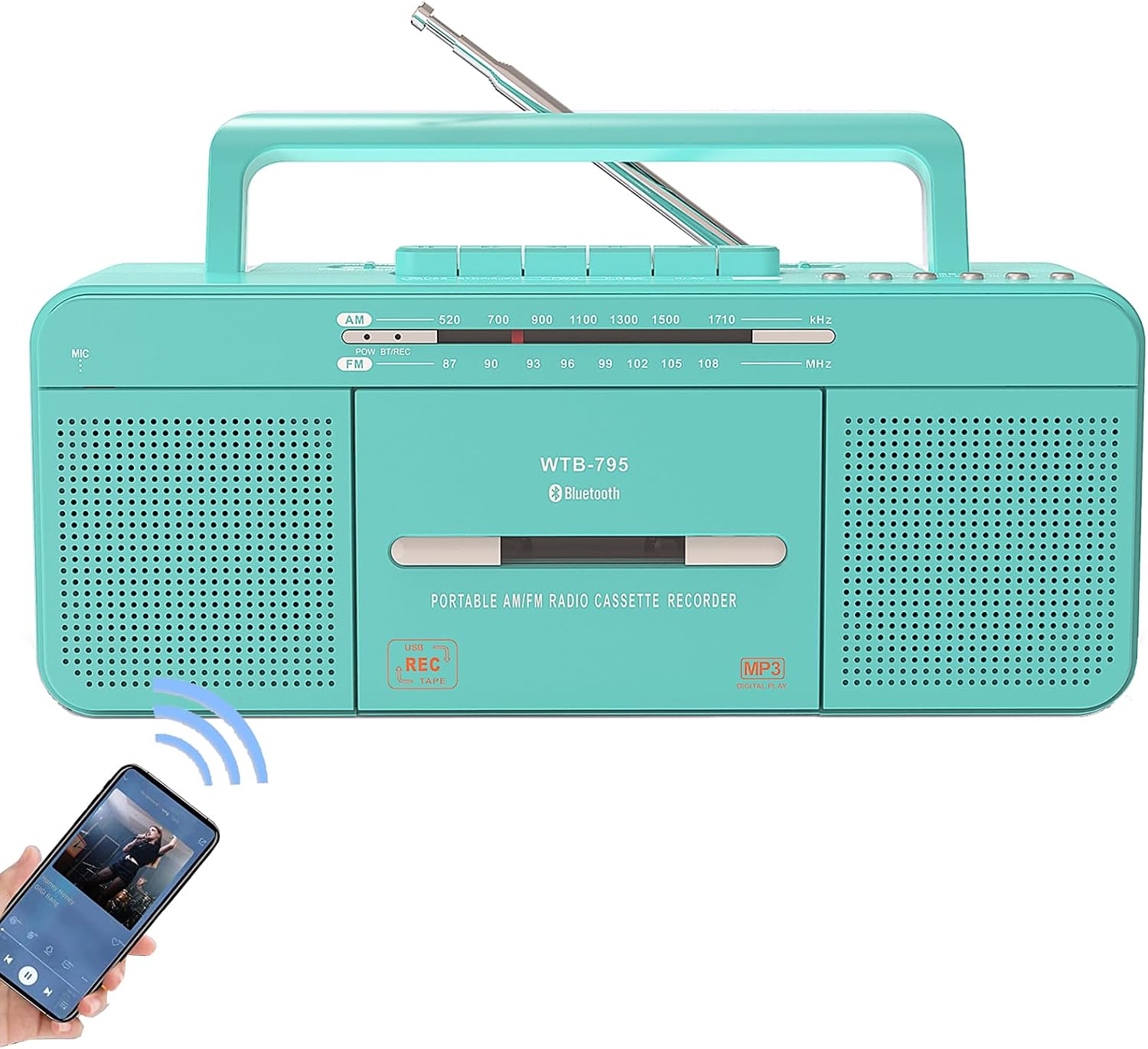WTB-795 Retro Cassette Player with USB/Bluetooth/AM/FM Radio Stereo Built-in Microphone Recorder Cassette to MP3 Converter Large Speaker Headphone Jack Portable (Green)