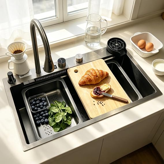 68 x 45 cm Kitchen Sink, Stainless Steel, Rectangular, Waterfall Sink Drainage Left, Kitchen Sink with Tap Hole and Overflow, Siphon, Multifunctional Bar Sink, Kitchen Workstation
