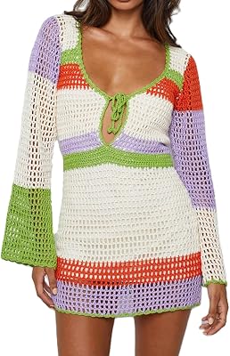 KMBANGI Women Crochet Knit Dress Hollow Out Swimsuit Cover Up Sundress Long Sleeve V Neck Short Beach Dresses