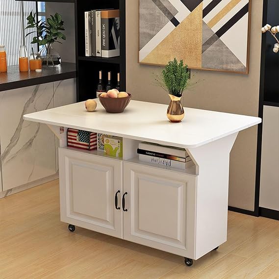 Folding Dining Table with Storage Shelves for Small Spaces (White) | Folding Design | 4 Casters (3 Lockable) | Waterproof & Easy-Clean Surface | Quick Assembly | For Kitchen, Dining, Office
