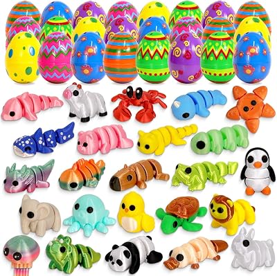 24 Pack Prefilled Easter Eggs with Toys Inside for Kids, Prefilled Easter Baskets with 3D Printed Animals, Easter Basket Essentials Filled Easter Eggs Hunt Stuffers Party Favors for Teens Boys Girls