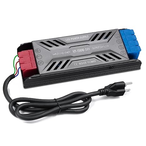 LED Power Supply 24V 150W with Plug Ultra Slim LED Driver 110V AC to 24V DC 6.25A 150 Watt Quiet Low Volt Converter LEDs Transformer Constant Voltage for LEDs Strip Light, Indoor