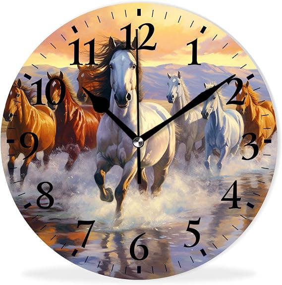 Horses Wall Clock Non-Ticking Silent Clocks Battery Operated Analog Decor Clock for Home-The Horses Run Up The Waves(12inch)