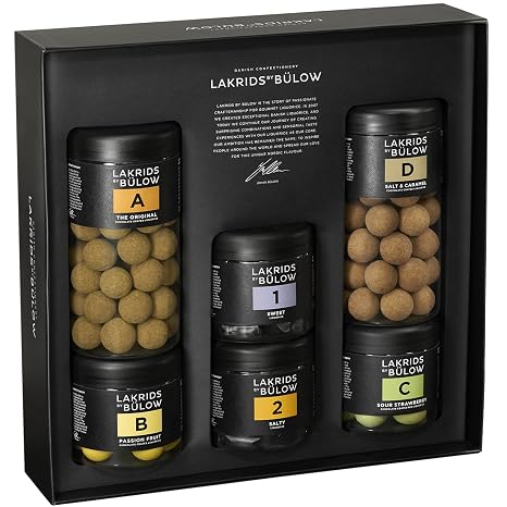 LAKRIDS BY BÜLOW - Gift Box Set of 6 - A (The Original) + B (Passion Fruit) + C (Sour Strawberry) + D (Salt & Caramel) + 1 (Sweet) + 2 (Salty)