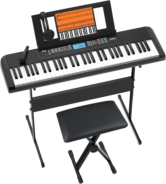 JIKADA 61 Key Electronic Keyboard Piano with 300 Timbres, 300 Rhythms | 61 Key Compact Electric Piano Keyboard w/LCD Screen, Built-In Speakers, Headphones, Stand, Stool, Music Rest, Microphone