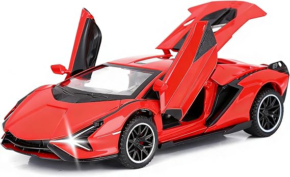 SASBSC Toy Cars for Kids Ages 3-12 Diecast Metal Model Car with Light and Sound Pull Back Toy Car for Boys Age 3 + Year Old (Red)
