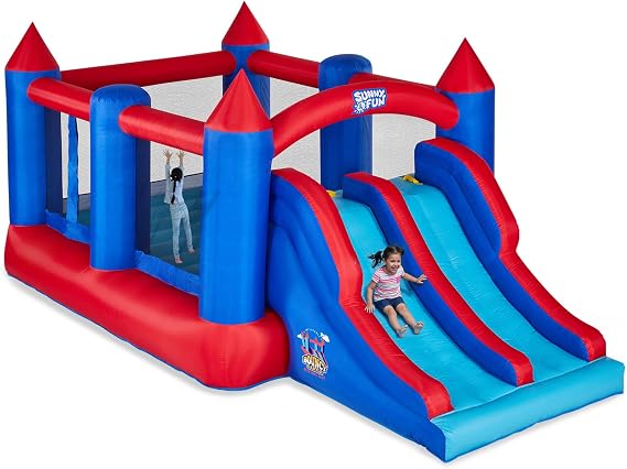 Sunny & Fun Inflatable Bouncy Castle with Dual Slide | Heavy-Duty Oxford Blow-Up Bounce House for Kids with Air Blower & Carry Bag | Bouncer for Outdoor Fun | Easy Setup