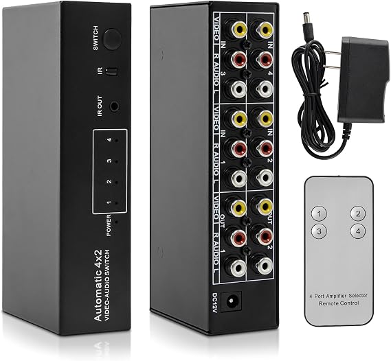 4-Way Composite AV RCA Switcher, 4 in 2 Out Automatic Switch Box