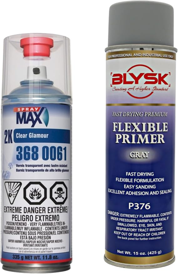 and USC SprayMax 2K Glamour High Gloss Aerosol Clear with Flexible Primer (P376) Grey, lasting high gloss, easy sanding, excellent adhesion and sealing