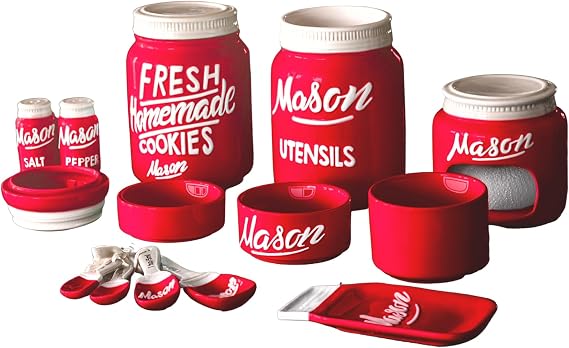 Mason Jar Kitchenware Set Kitchen Accessories Measuring Cup and Spoon Spoon Rest Spice Shaker Sponge Holder Ceramic Jar and Utensil Pot Kitchen Counter Decoration Accessories Red 17 Pieces