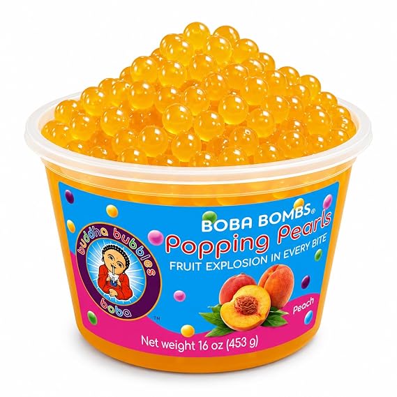 Premium Popping/Bursting Boba Pearls/Boba Bombs/Dessert Topping by Buddha Bubbles Boba (Peach Popping Pearls)