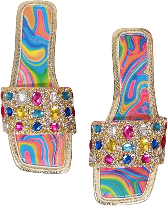 GORGLITTER Women's Rhinestone Colorful Flat Sandals Sparkly Bling Slides | Rainbow Glitter Flats, Summer Sandals for Women 2026, Cute Dressy Dress Slides, Comfortable Shoes
