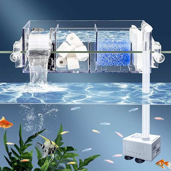Dual-Sided Suspension Aquarium Filter with Water Wheel, 5-30 Gal | Multi-layer filtration for clear water. Oxygenating wheel, low-noise design. Transparent, fits most rims, easy setup.