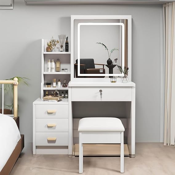 Makeup Vanity with Mirror and Lights,Modern Bedroom Makeup Table Set with Upholstered Stool,Vanity Desk with 4 Drawers & Shelves,3 Color Lighting Brightness Adjustable,White (4 Drawers-1)