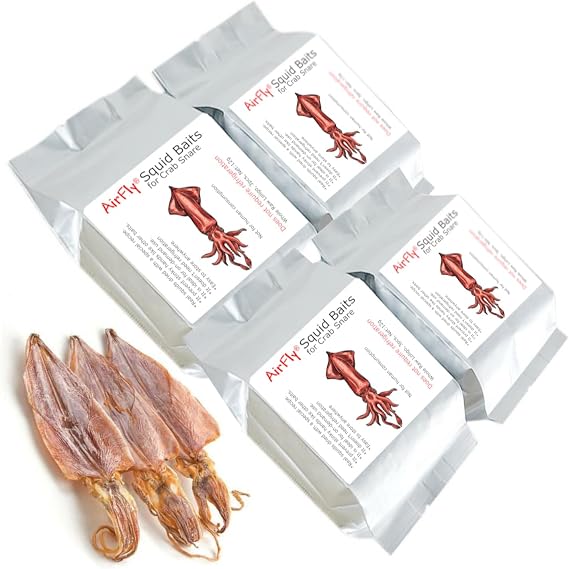 AirFly Dried Squid Fishing Bait for Crab Snares & Traps, Easy & Powerful Crab Trap Attractant, Ready-to-Use, No Refrigeration. Designed in San Francisco, USA, 4 Pack