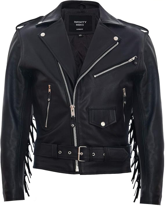 Mens Fringe Hide Leather Brando Tasseled Motorcycle Jacket Retro Biker