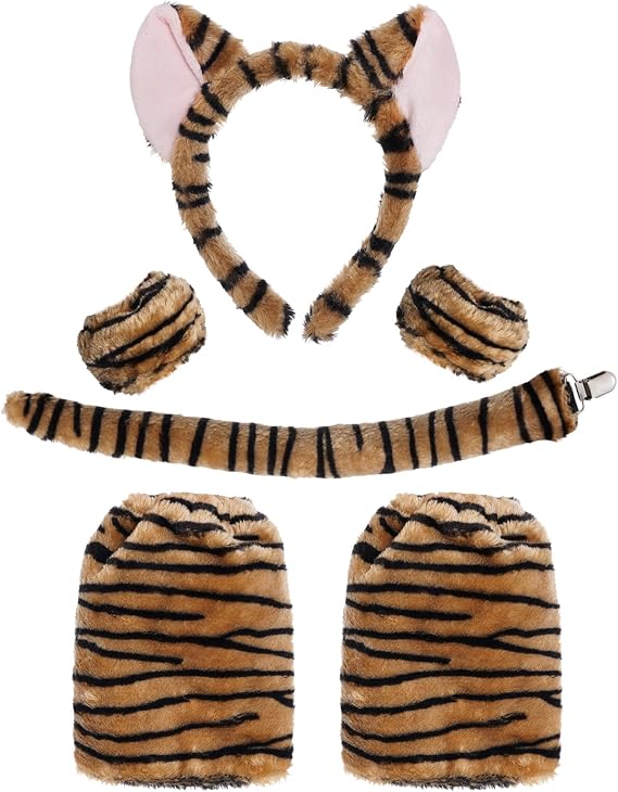 Pistha 6-Piece Furry Tiger Costume Set - Ears, Gloves, Leg Covers, Tail for Halloween, Carnival, Birthday Parties & Cosplay