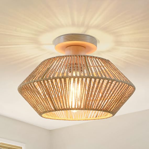 Boho Rattan Ceiling Lights Living Room, 1-Light Hand Woven Ceiling Lamp, Natural Farmhouse Chandeliers Ceiling Light Fitting for Bedroom Kitchen Entryway Hallway Foyer [Energy Class A]