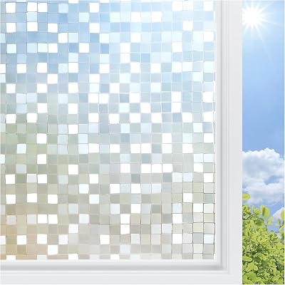 rabbitgoo Window Privacy Film Stained Glass Window Film, 3D Square Mosaic Decorative Static Cling Glass, Removable Vinyl UV Blocking Stickers for Home, 17.5 x 78.7 inches