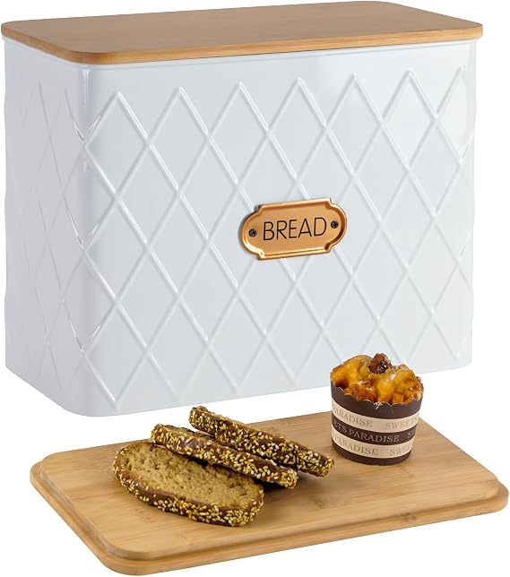 Extra Large Bread Box for Kitchen Countertop Corner Breadbox for Homemade Bread Metal White Rhombus Pattern Embossed Storage Container Bin with Bamboo Lid Fits 2 Loaves of Bread