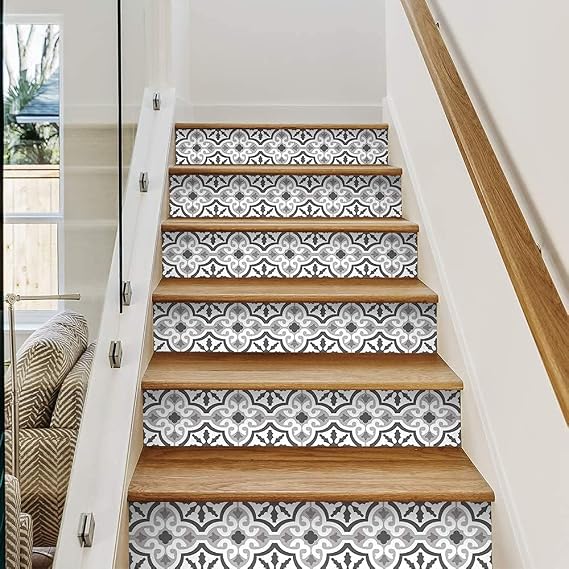 Funlife 14-Piece Self-Adhesive Stair Stickers, Peel & Stick, Moroccan Pattern for Home Office Stair Treads Decoration