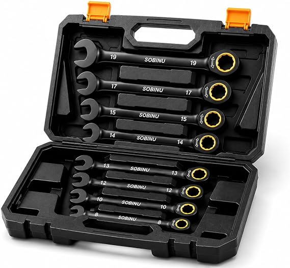 8PCS Ratchet Spanner Set 8–19 mm, Combination Ratcheting Wrench Set, 72-Tooth CR-V Steel Spanners with Storage Case for Automotive, Garage & Home Repair