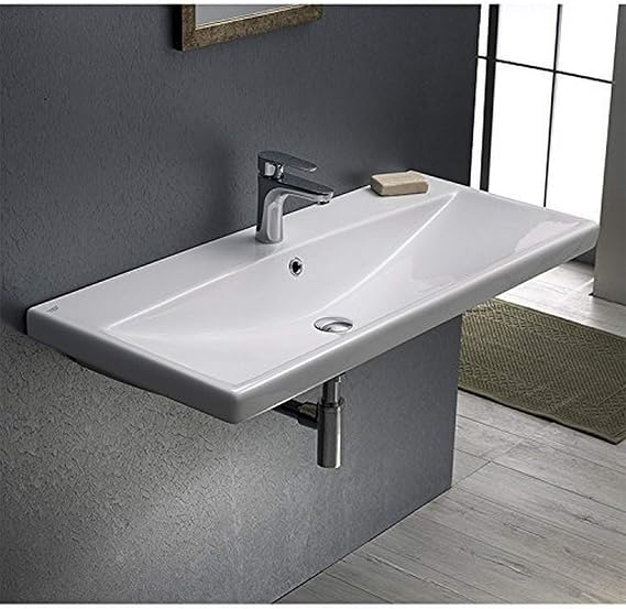 032400-U-One Hole Elite Rectangle Ceramic Wall Mounted/Self Rimming Sink, White