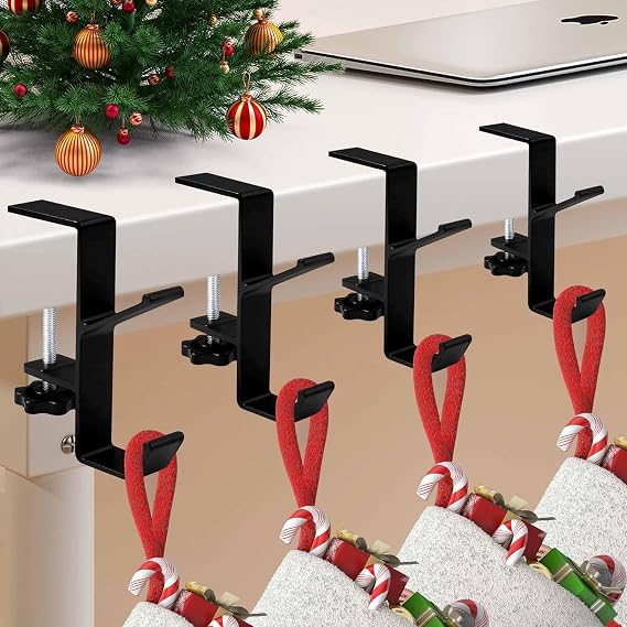 Stocking Hangers for Mantel,4 Pcs 2 in 1 Adjustable Fireplace Christmas Stocking Holder,No-Drill, Easy to Install Garland Hanger for Christmas Decorations,Fits 0.31-3.9Mantles (4 Black)