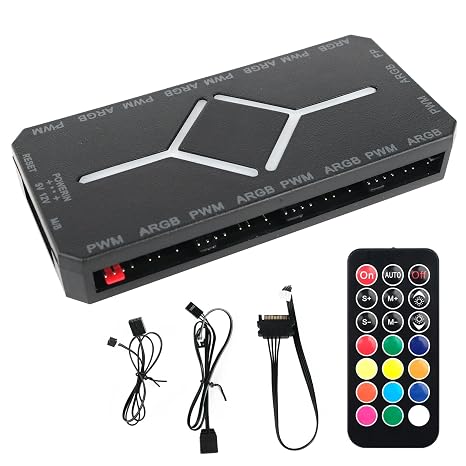 ARGB PWM Fan Hub, Addressable 5V-3PIN 2-in-1 RGB Computer PC Case Fan Hub 1 to 9 Ports Magnetic Splitter with Remote SATA Power Supply, Power Off Memory, Black