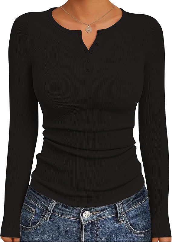 Ekouaer Women's Henley Long Sleeve Shirts Ribbed Knit Fall Fit Thermal Tops
