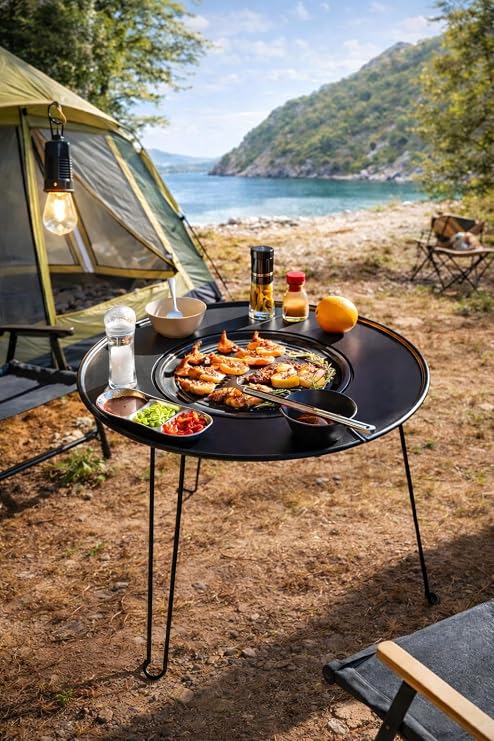 Katlanabilir Kamp Masası, Izgaralı Mangal Özellikli, Taşınabilir Outdoor Piknik Masası, Siyah, Yuvarlak
