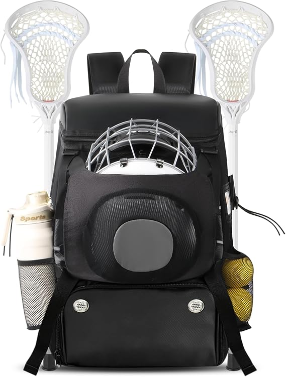 Lacrosse Bag with Helmet Holder & Ventilated Cleat Compartment, 2 Stick Holders & Wet/Dry Separation, Waterproof Durable Lacrosse Backpack, 20x14x9 Inches Ideal Lacrosse Gift for Boys & Girls