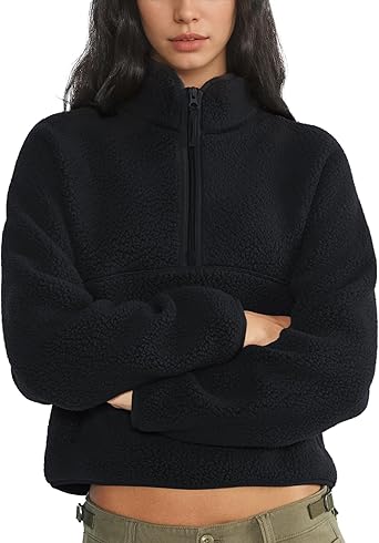 Fleece Sweatshirts for Women Cropped Long Sleeve Half Zip Pullover Sherpa Jacket Warm Fuzzy Coats with Pockets(Black,L)