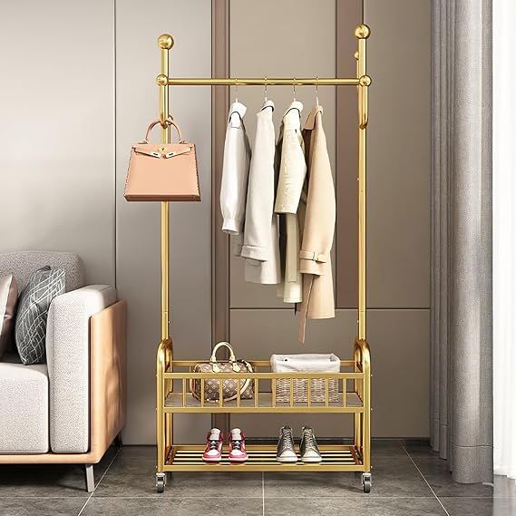 Gold Finish Garment Rack with Shoe Shelf, 4 Hooks, Casters (gold, L)
