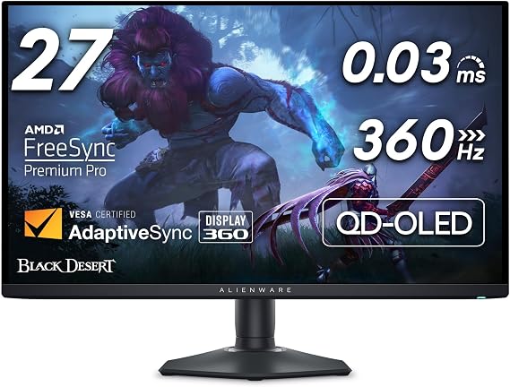 Alienware AW2725DF 26.7" OLED Gaming Monitor, Quantom-Dot WQHD (2560 x 1440), 360Hz, 0.03Ms, AMD FreeSync Premium Pro, HDMI/DP/USB 3.2 Gen1, Height/Tilt Adjustment