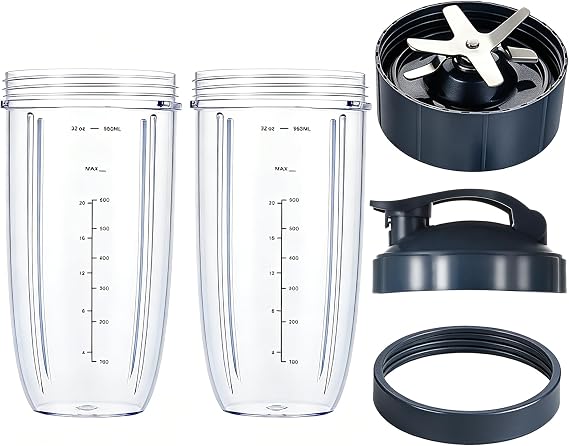Upgrade Blender Cup and Blade Fit for Nutribullet 600w/900w, Replacement Parts Extractor Blade and 32oz Cups with Flip-Top To-Go Lid & Lip Ring, Blender Accessories (5 Pcs)