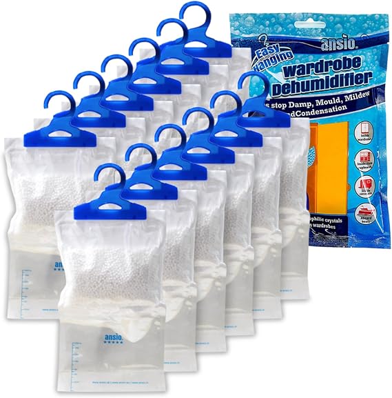 ANSIO® Wardrobe Dehumidifiers Disposable Hanging Bags Pack of 12 Room Moisture Absorber Condensation Remover for Damp, Mould in Home, Bathroom, Window, House, Kitchen, Bedroom Interior Traps