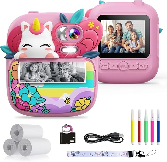 TIATUA Kids Instant Print Camera, Unicorn Design, 1080P Video, Pink