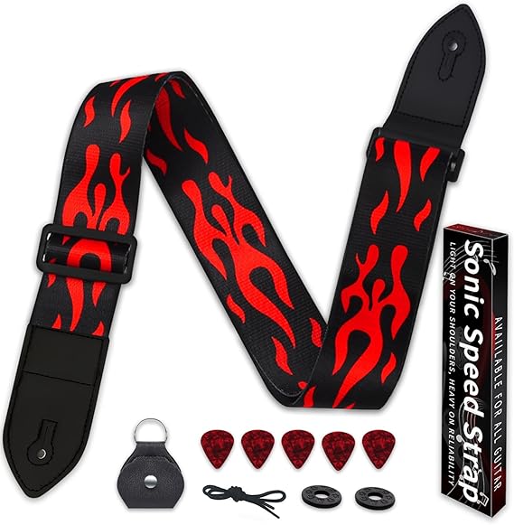 Guitar Strap,Acoustic Electric Guitar Straps With Leather Pick Box and 5 PCS Picks Guitar Accessories,Best Gifts for Kids, Guitarists(Red)