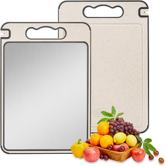 Chopping Board for Kitchen, Double Sided 304 Stainless Steel & Wheat Straw Cutting Board, Large Non-Slip Surface with Juice Groove & Garlic Grinder, Dishwasher Safe, Meat & Veggie Separation, 37x25cm