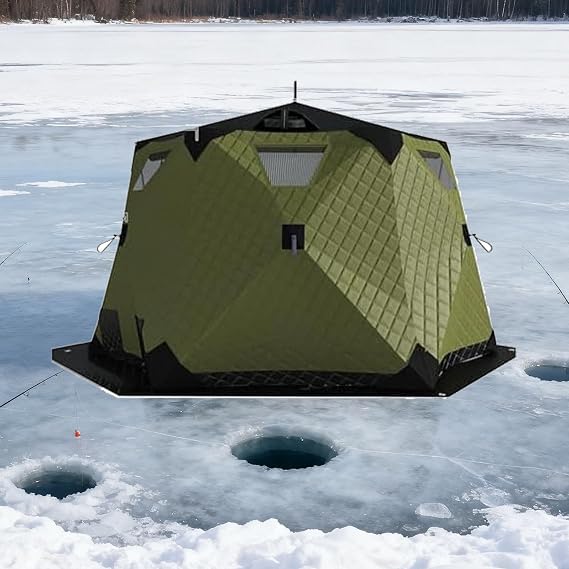 Ice Fishing Shelter with Stove Jack and Floor, 75 sp ft Portable Pop Up 6-10 Person Ice Fishing Tent Shelter, Fully Insulated Winter Ice Fishing Shanty with 4-Layer Thermal Hub Windproof Warm Green