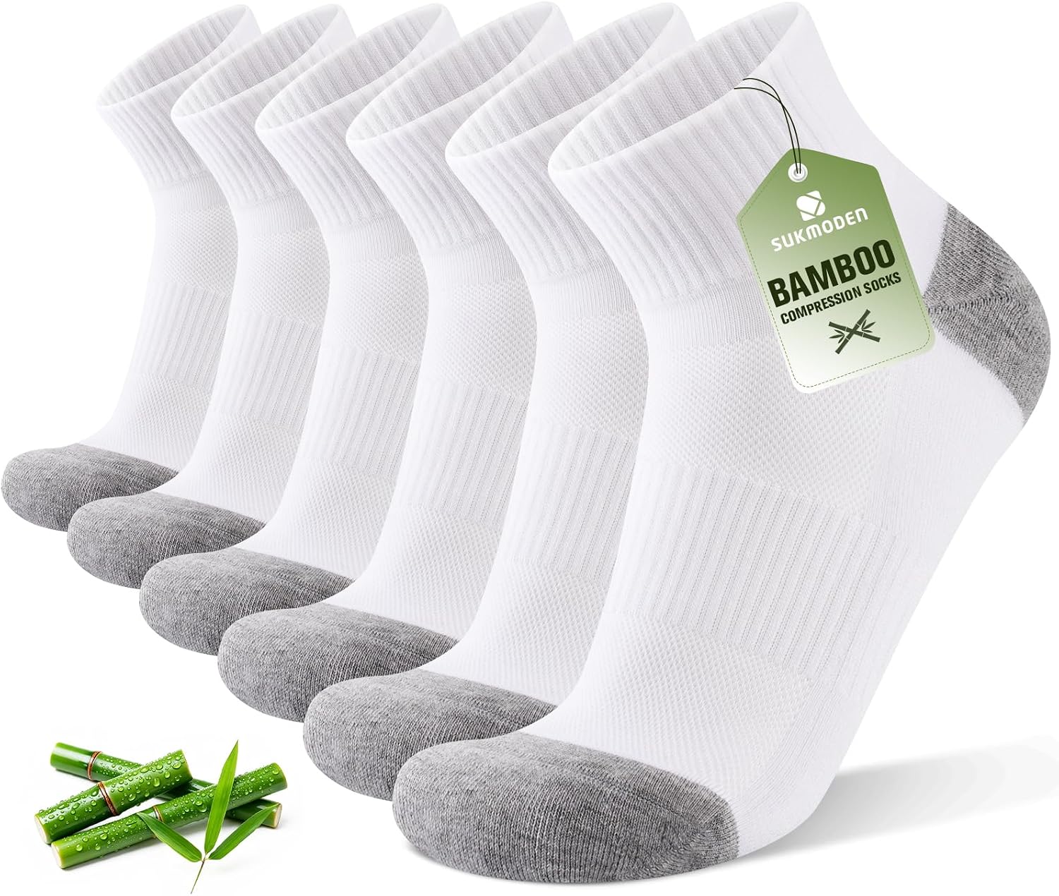 SukModen Compression Ankle Support Running Socks Men Women, 3 Pairs Quarter Bamboo Breathable Trainer Socks with Cushioned, Wicking Plantar Fasciitis Relief, Athletic for Sports Walking Tennis