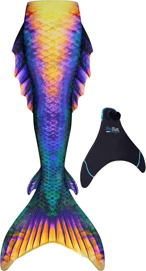 Fin Fun Atlantis Mermaid Tail with Monofin, 3D Fins | Swimmable tail with reinforced tips, 3D side & back fins; sun-resistant fabric for ages 6+